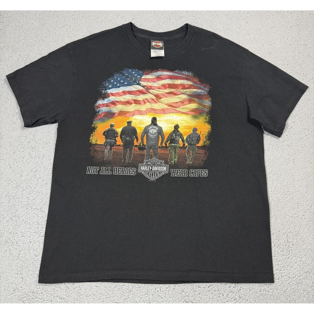 Harley-Davidson Shirt Mens XL Black Not All‎ Heroes Wear Capes USA Flag Tee